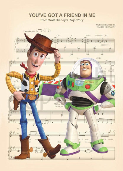 Toy Story Woody and Buzz Sheet Music Wall Art — Disney Gift for Music Lovers