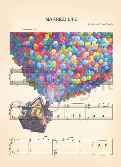 Up House and Balloons Sheet Music Wall Art — Disney Gift for Music Lovers