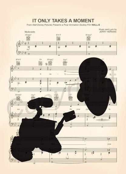 Wall-E and Eve Silhouette Sheet Music Art Print