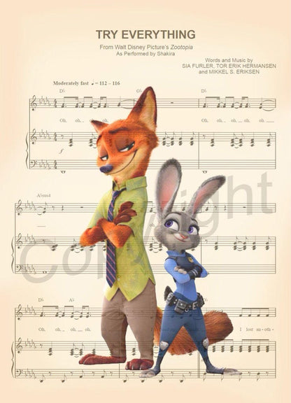 Zootopia Nick and Judy Sheet Music Wall Art — Disney Gift for Music Lovers