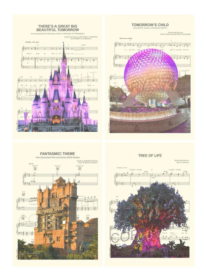 Walt Disney World Four Theme Parks Magic Kingdom, Epcot, Hollywood Studios, Animal Kingdom  Set Sheet Music Wall Art — Disney Gift for Music Lovers