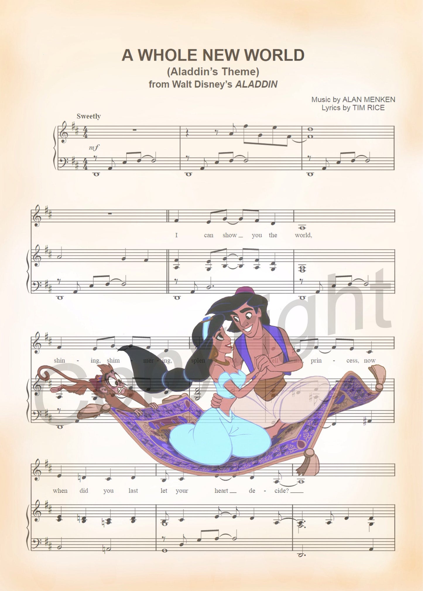 Aladdin and Jasmine Carpet Ride Sheet Music Art Print
