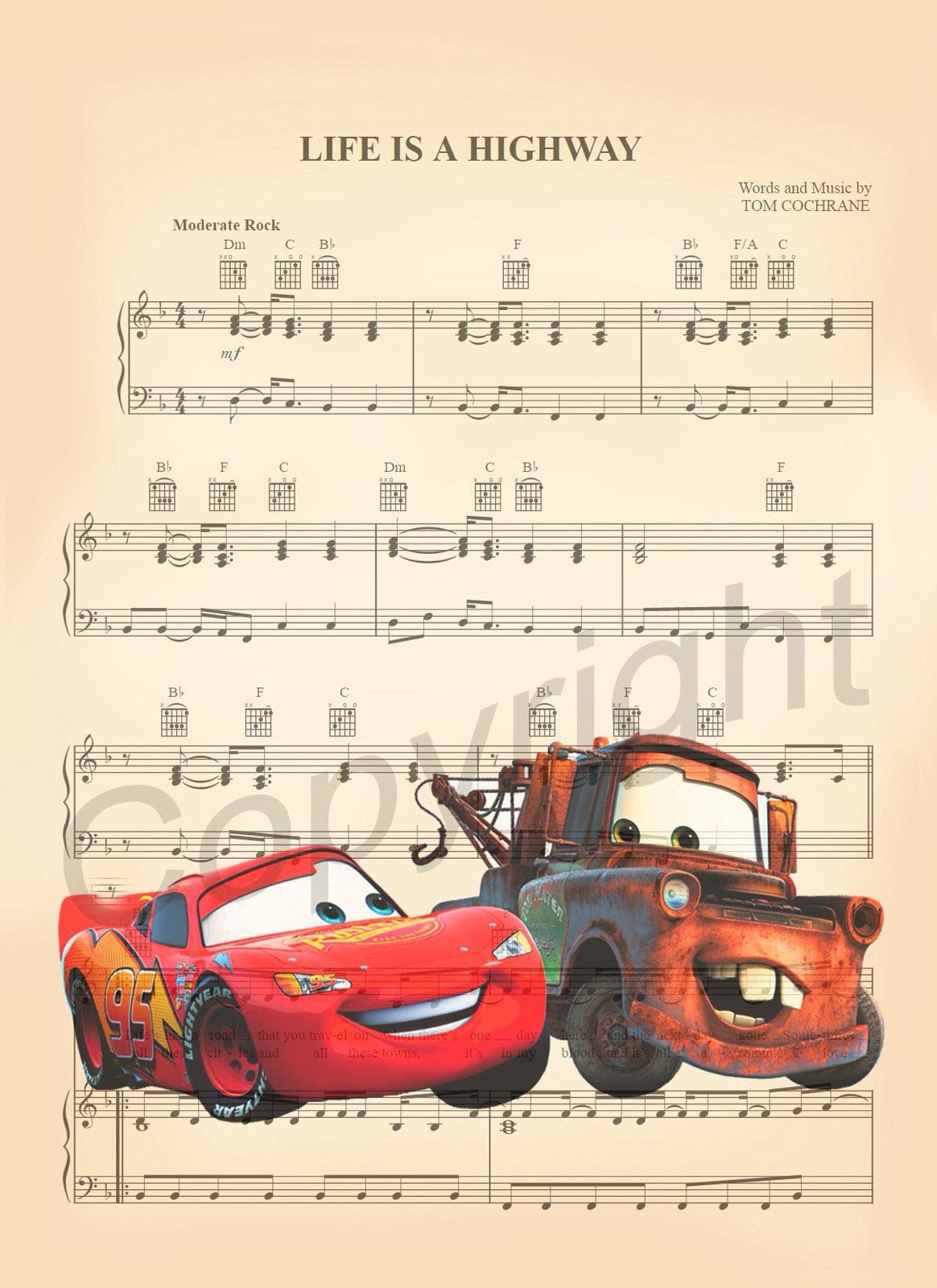 Cars Mater and Lightning McQueen Sheet Music Art Print