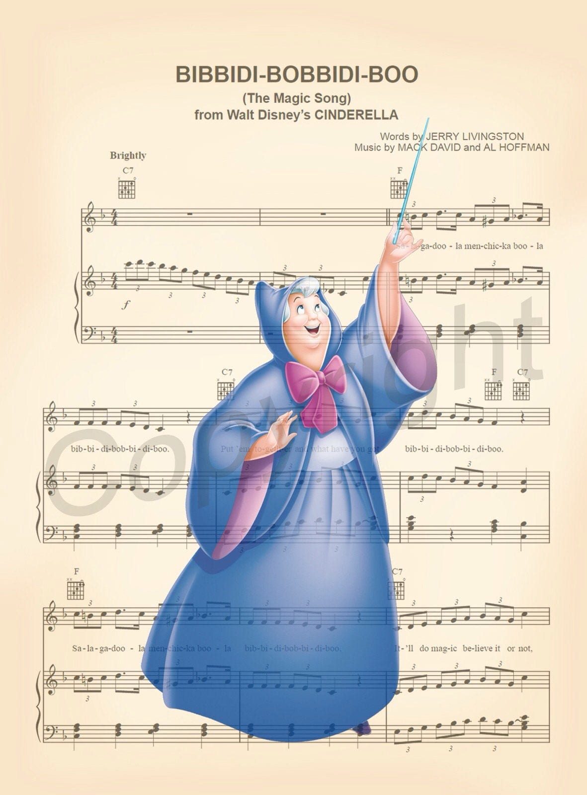 Cinderella Fairy Godmother Bibbidi-Bobbidi-Boo Sheet Music Wall Art — Disney Gift for Music Lovers