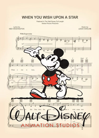 Mickey Mouse Walt Disney Animation Studios When You Wish Upon A Star Sheet Music Art Print