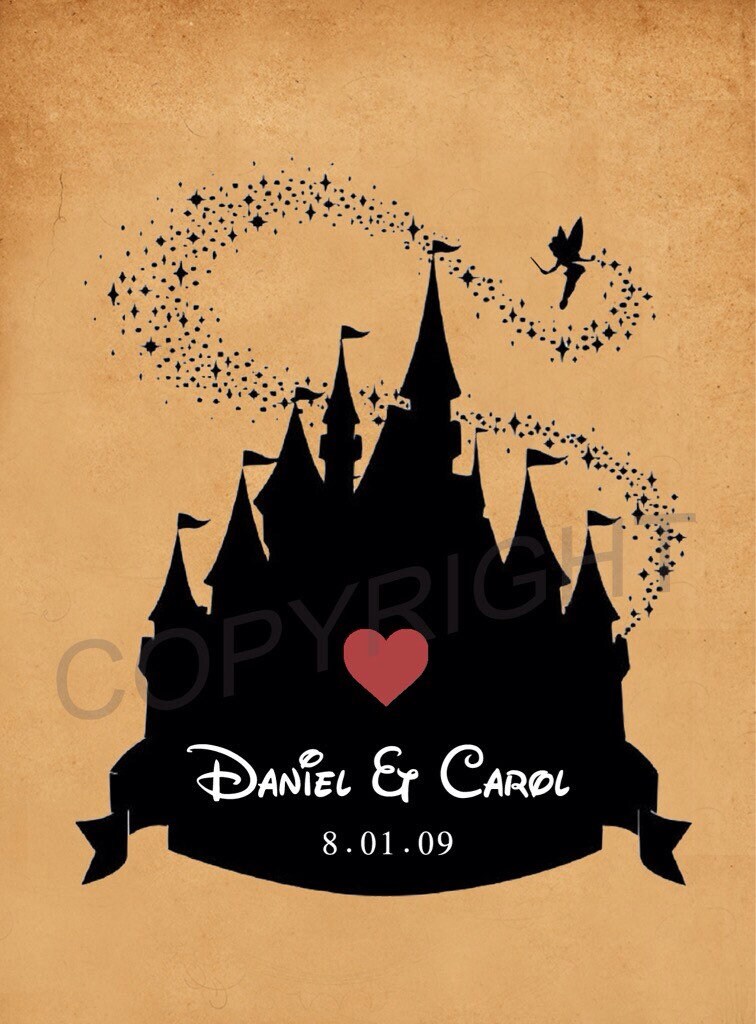 Custom Wedding Disney Castle Silhouette Name and Date Art Print