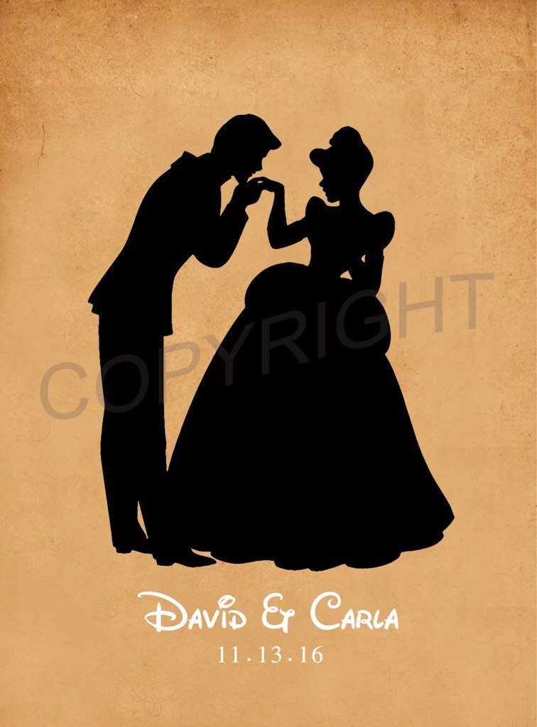 Cinderella and Prince Charming Silhouette Custom Disney Name and Date Art Print