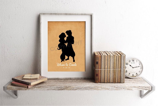 Aladdin and Jasmine Silhouette Custom Name and Date Art Print