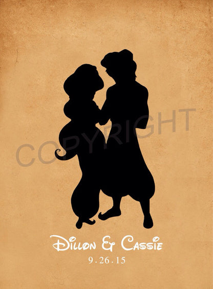 Aladdin and Jasmine Silhouette Custom Name and Date Art Print