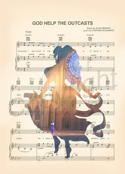 Hunchback of Notre Dame Esmeralda  God Help the Outcasts Sheet Music Wall Art — Disney Gift for Music Lovers