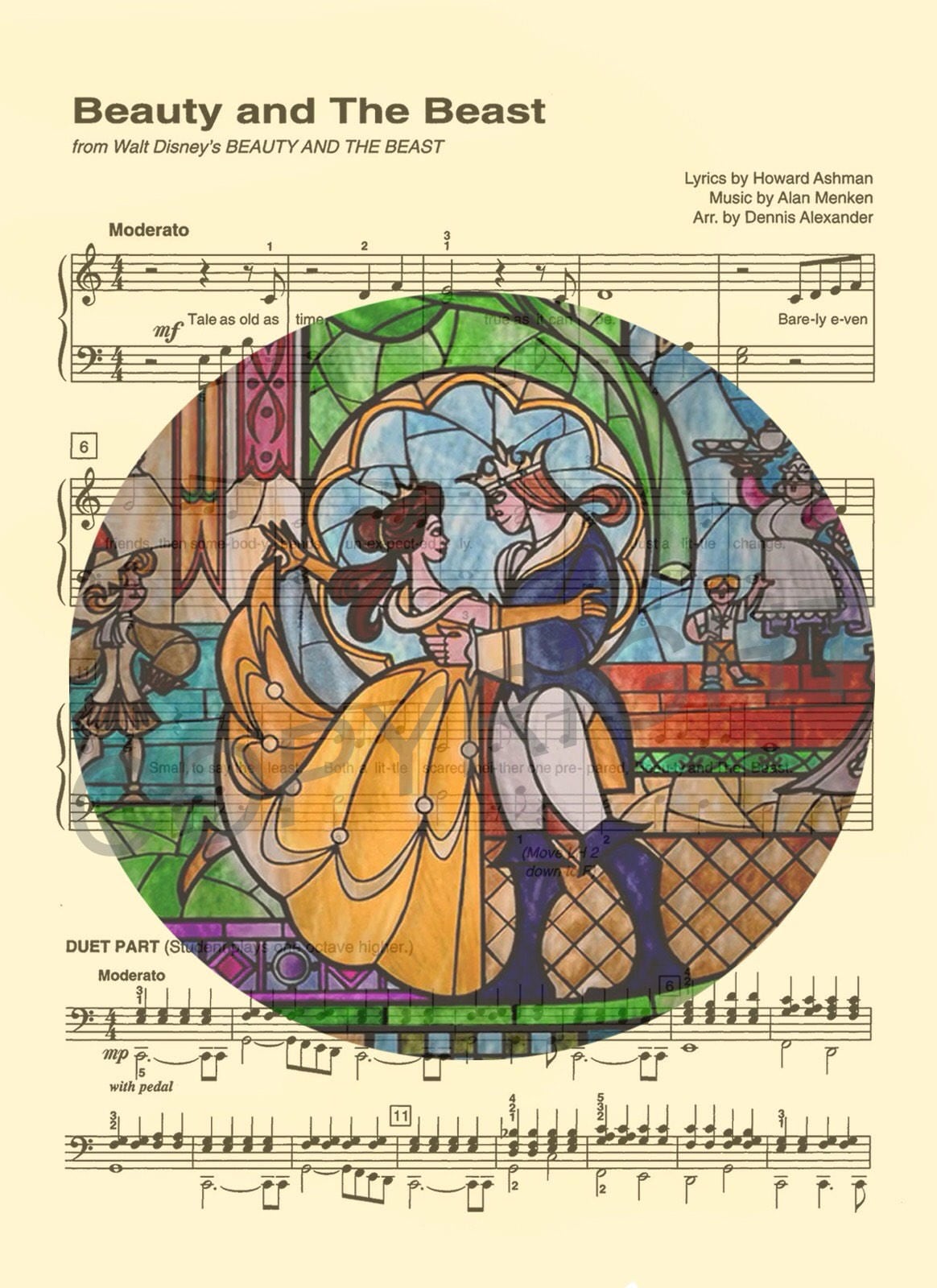 Beauty and the Beast Stained Glass Tale As Old As Time Sheet Music Art Print