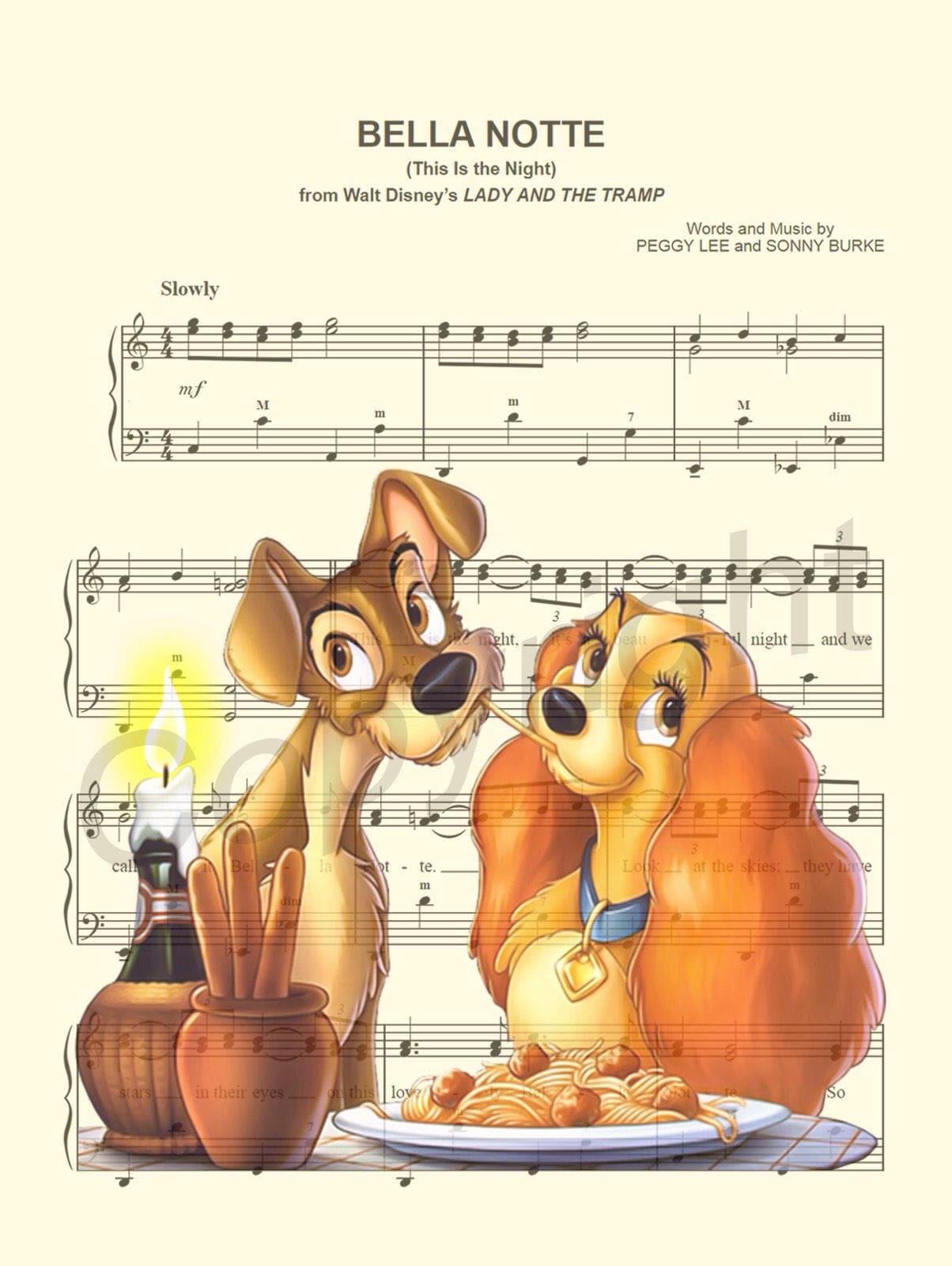 Lady and the Tramp Spaghetti Dinner Bella Notte Sheet Music Art Print
