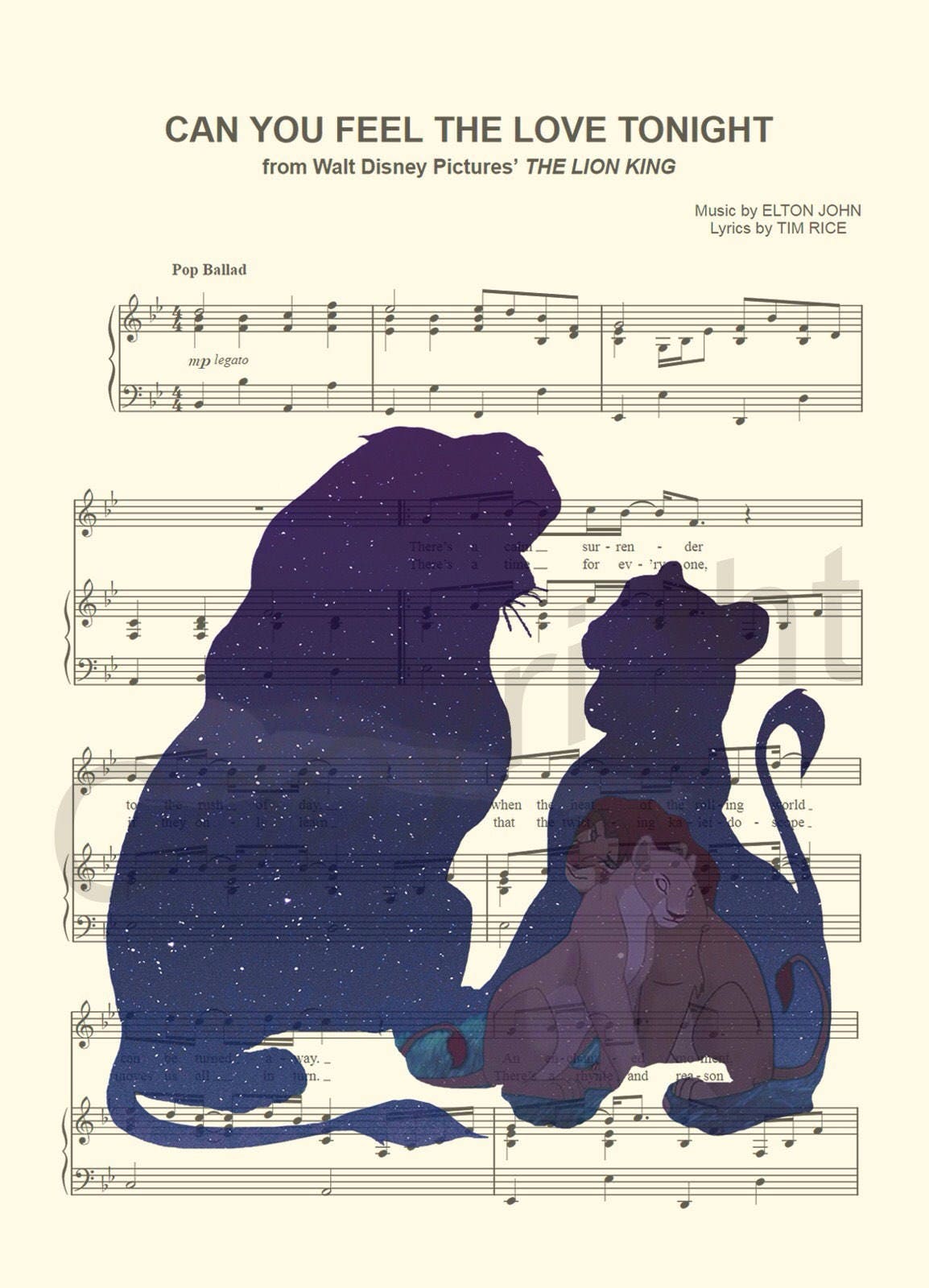 Lion King Simba and Nala Silhouette Can You Feel the Love Tonight Sheet Music Art Print