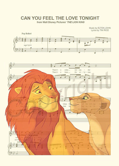 Lion King Simba and Nala Sheet Music Art Print