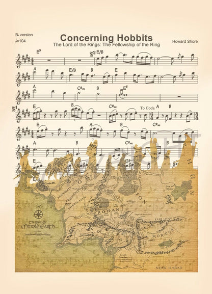 Lord of the Rings Middle Earth Map Silhouette Concerning Hobbits Sheet Music Art Print