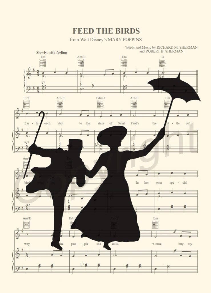 Mary Poppins and Bert Feed the Birds Sheet Music Art Print