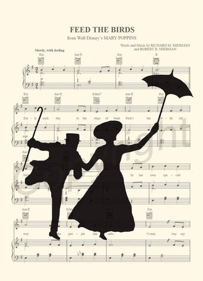 Mary Poppins and Bert Feed the Birds Sheet Music Art Print