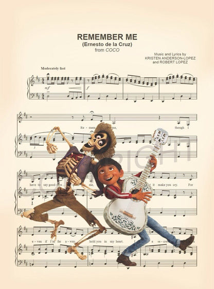 Coco Miguel and Hector Remember Me Sheet Music Art Print