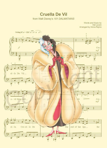 One Hundred and One Dalmatians Cruella De Vil Sheet Music Wall Art — Disney Gift for Music Lovers