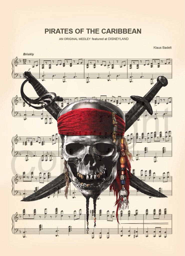 Pirates of the Caribbean Skull Sheet Music Wall Art — Disney Gift for Music Lovers