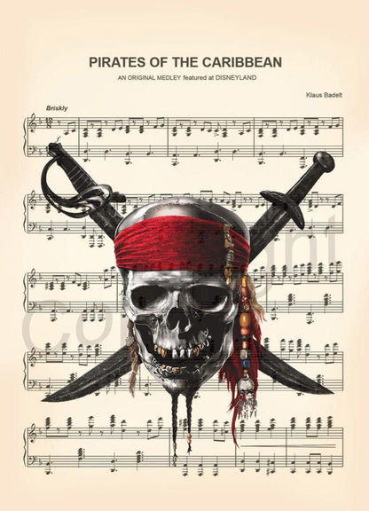 Pirates of the Caribbean Skull Sheet Music Wall Art — Disney Gift for Music Lovers