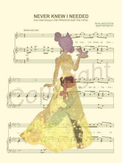 Princess and the Frog Kiss Sheet Music Art Print