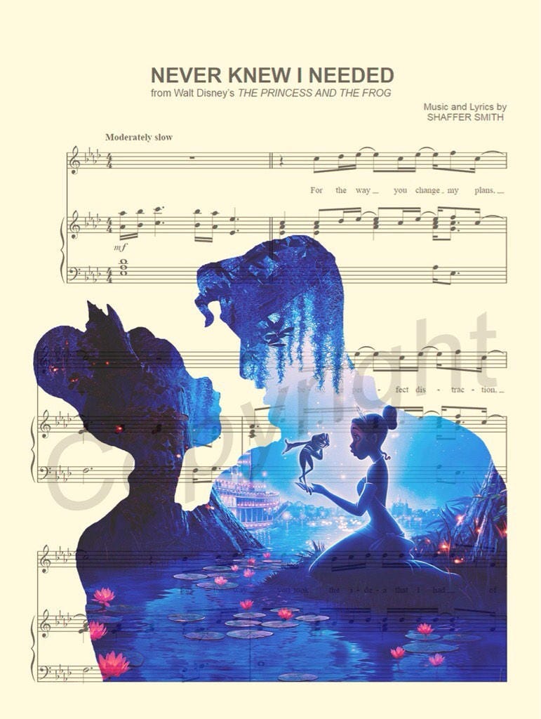 Princess and the Frog Tiana and Naveen Blue Sheet Music Wall Art — Disney Gift for Music Lovers