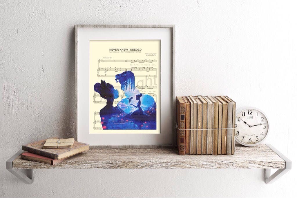 Princess and the Frog Tiana and Naveen Blue Silhouette Sheet Music Art Print