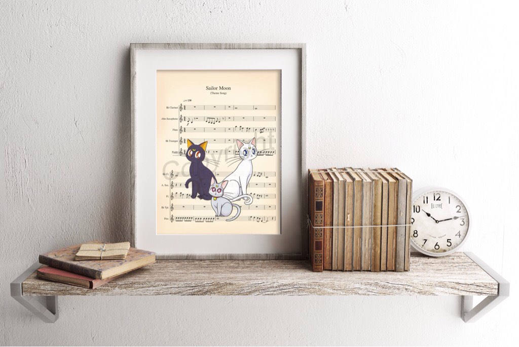 Sailor Moon Cats Luna Artemis Diana Sheet Music Art Print