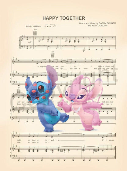Stitch and Angel Sheet Music Wall Art — Disney Gift for Music Lovers