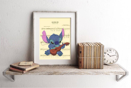 Stitch Playing Ukulele Sheet Music Wall Art — Disney Gift for Music Lovers