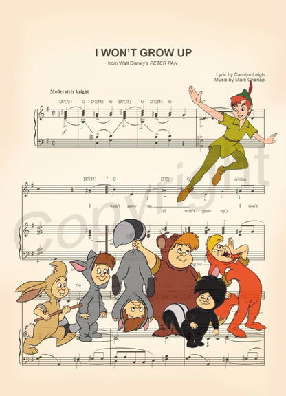 Peter Pan and the Lost Boys I Won't Grow Up Sheet Music Art Print