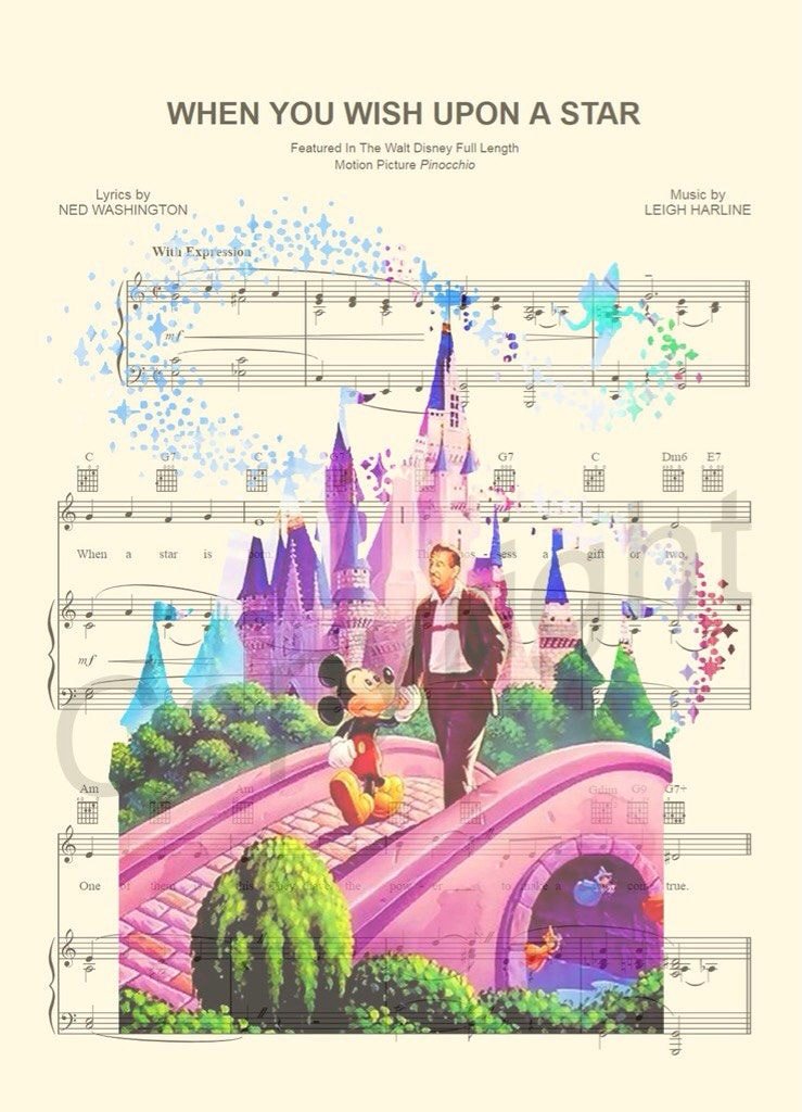 Disney Castle Walt and Mickey When You Wish Upon A Star Sheet Music Wall Art — Disney Gift for Music Lovers