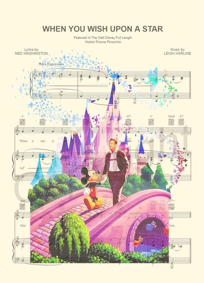 Disney Castle Walt and Mickey When You Wish Upon A Star Sheet Music Wall Art — Disney Gift for Music Lovers