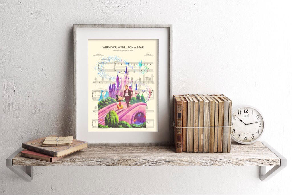 Disney Castle Walt and Mickey When You Wish Upon A Star Sheet Music Wall Art — Disney Gift for Music Lovers