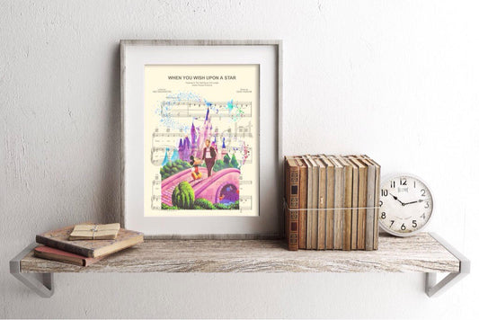 Disney Castle Walt and Mickey When You Wish Upon A Star Sheet Music Wall Art — Disney Gift for Music Lovers