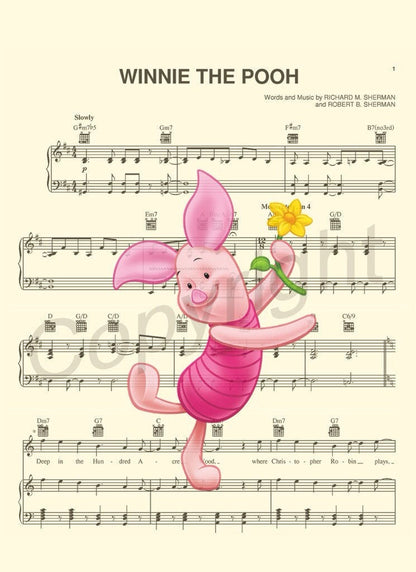 Winnie the Pooh Piglet Sheet Music Wall Art — Disney Gift for Music Lovers