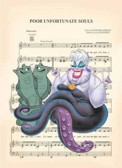 Little Mermaid Ursula with Jetsam and Flotsam Poor Unfortunate Souls Sheet Music Art Print