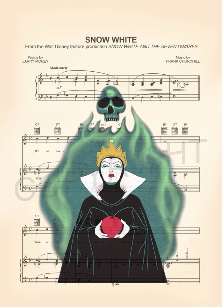 Snow White Evil Queen Sheet Music Wall Art — Disney Gift for Music Lovers