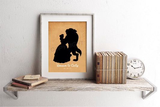 Beauty and the Beast Silhouette Custom Name and Date Art Print