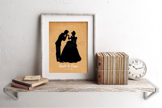 Cinderella and Prince Charming Silhouette Custom Disney Name and Date Art Print