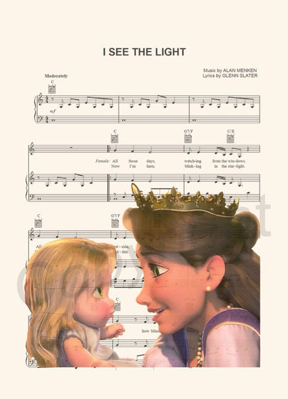 Tangled Rapunzel and Mother I See the Light Sheet Music Art Print