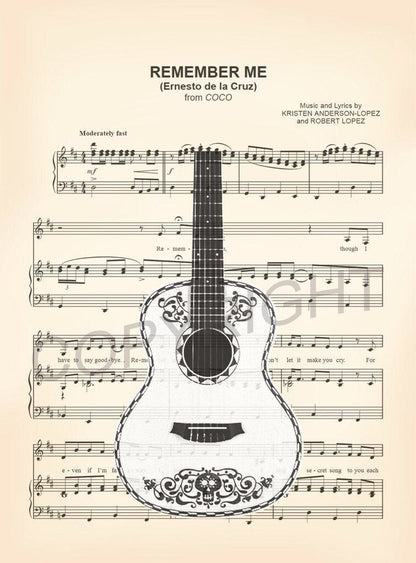 Coco Guitar Remember Me Sheet Music Wall Art — Disney Gift for Music Lovers