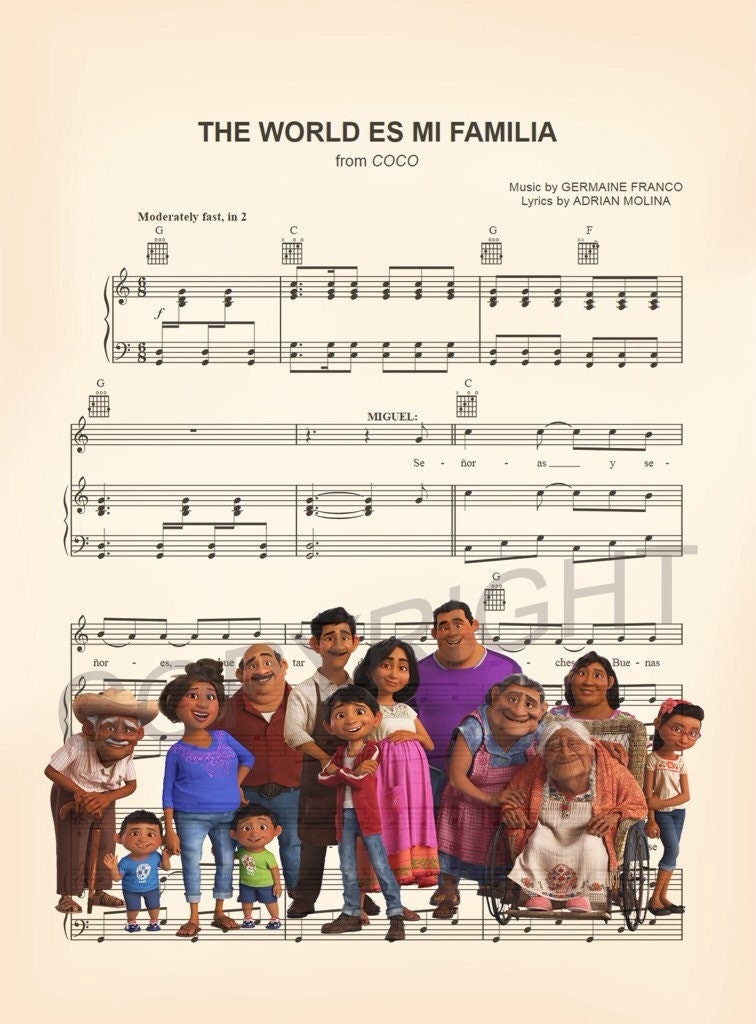 Coco Miguel and His Family The World Es Mi Familia Sheet Music Wall Art — Disney Gift for Music Lovers