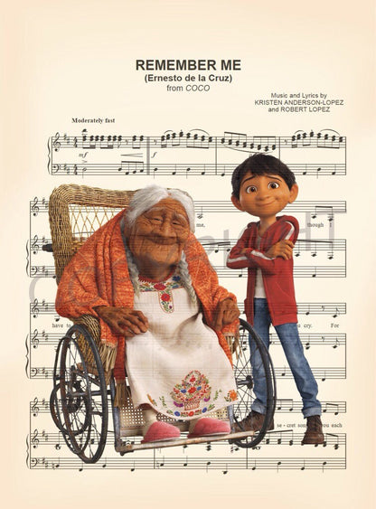 Coco Miguel and Mamà Coco Remember Me Sheet Music Art Print