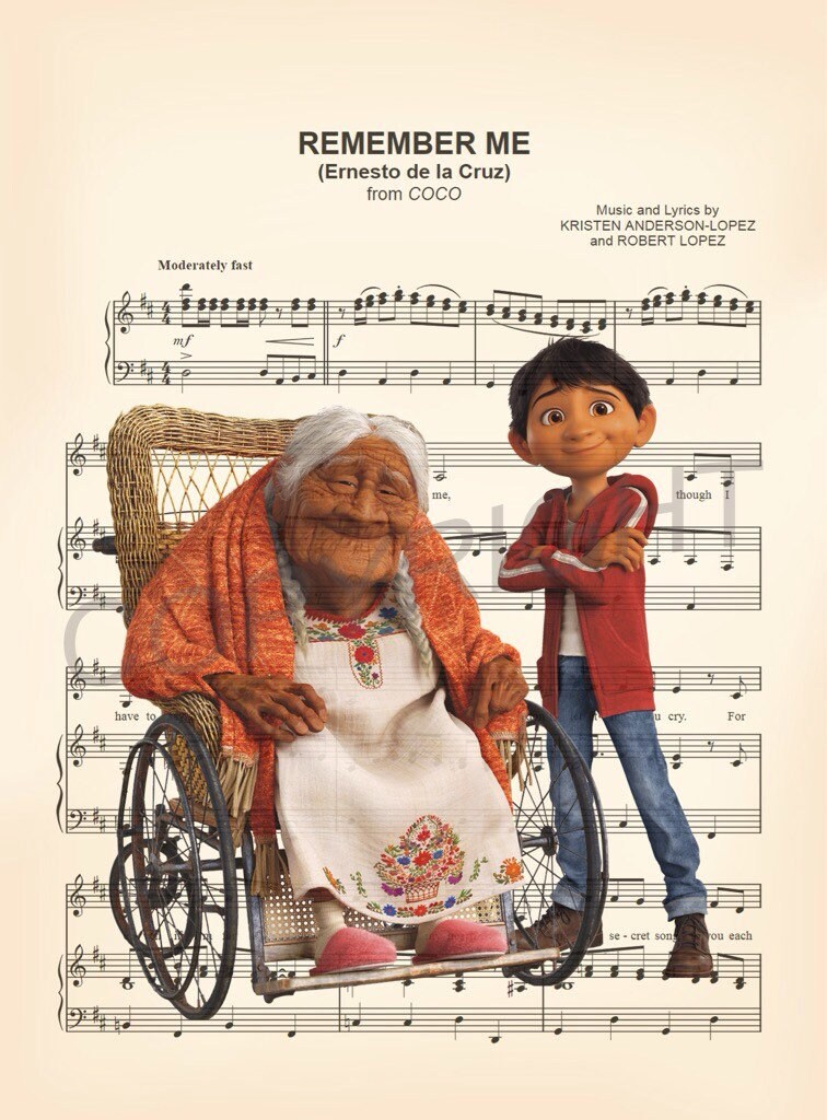 Coco Miguel and Mamà Coco Remember Me Sheet Music Wall Art — Disney Gift for Music Lovers