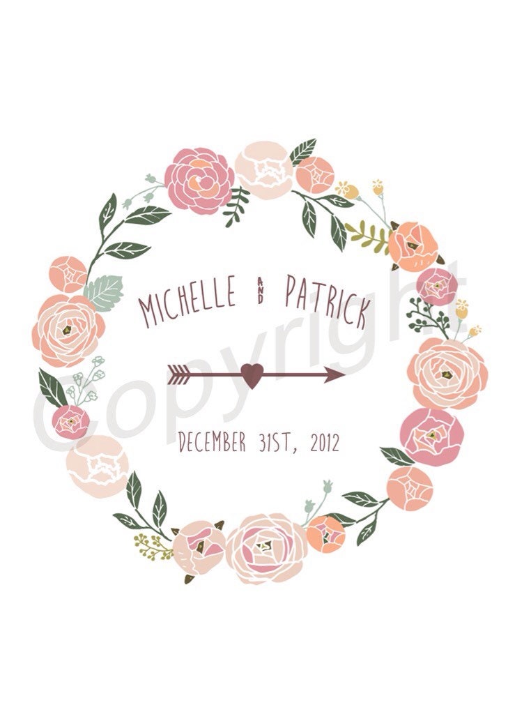 Beautiful Colored Wreath Custom Names and Date Wedding Anniversary Gift Art Print
