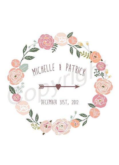 Beautiful Colored Wreath Custom Names and Date Wedding Anniversary Gift Art Print