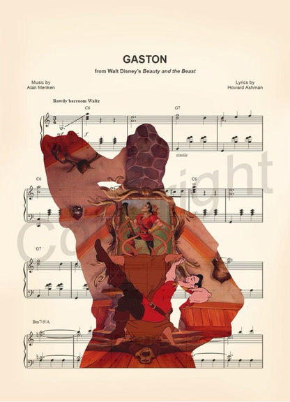 Beauty and the Beast Gaston Silhouette Sheet Music Art Print