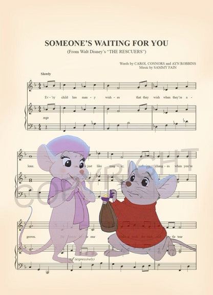 The Rescuers Bernard and Bianca Someone's Waiting For You Sheet Music Wall Art — Disney Gift for Music Lovers
